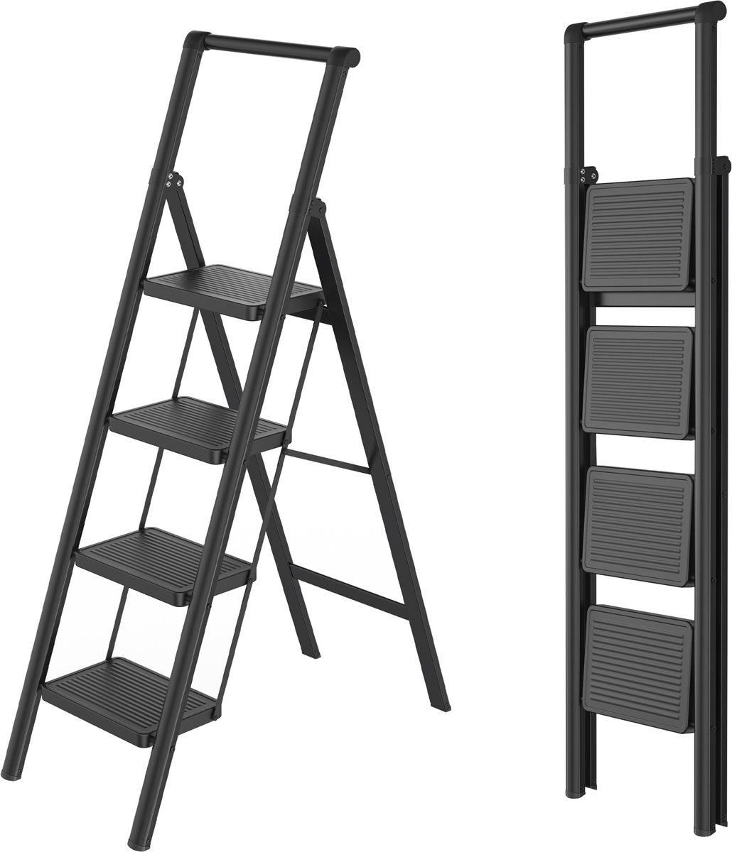 Opvouwbare Trapladder 4 Treden – Huishoudtrap met Brede Antislip Treden (30×20 cm), Stabiel & Belastbaar tot 250 kg – met Leuning – Zwart