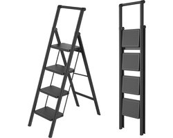 Opvouwbare Trapladder 4 Treden – Huishoudtrap met Brede Antislip Treden (30×20 cm), Stabiel & Belastbaar tot 250 kg – met Leuning – Zwart