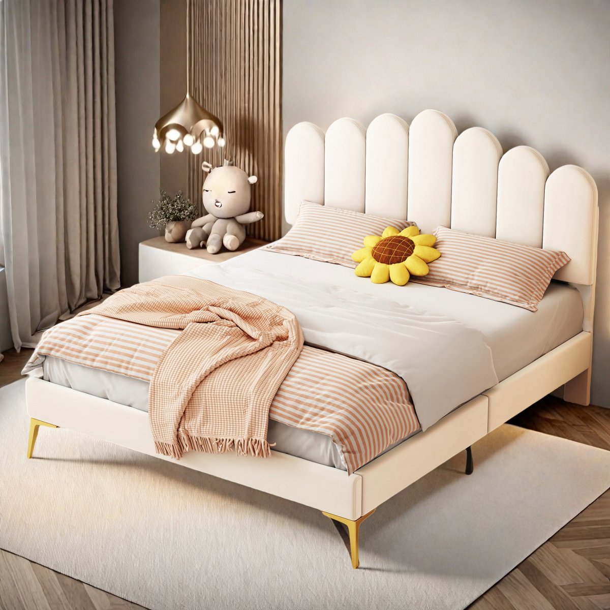 Gestoffeerd tweepersoonsbed 140x200 cm – Met hoofdbord & lattenbodem – Beige fluweel – Bedframe voor volwassenen, jongeren en logees