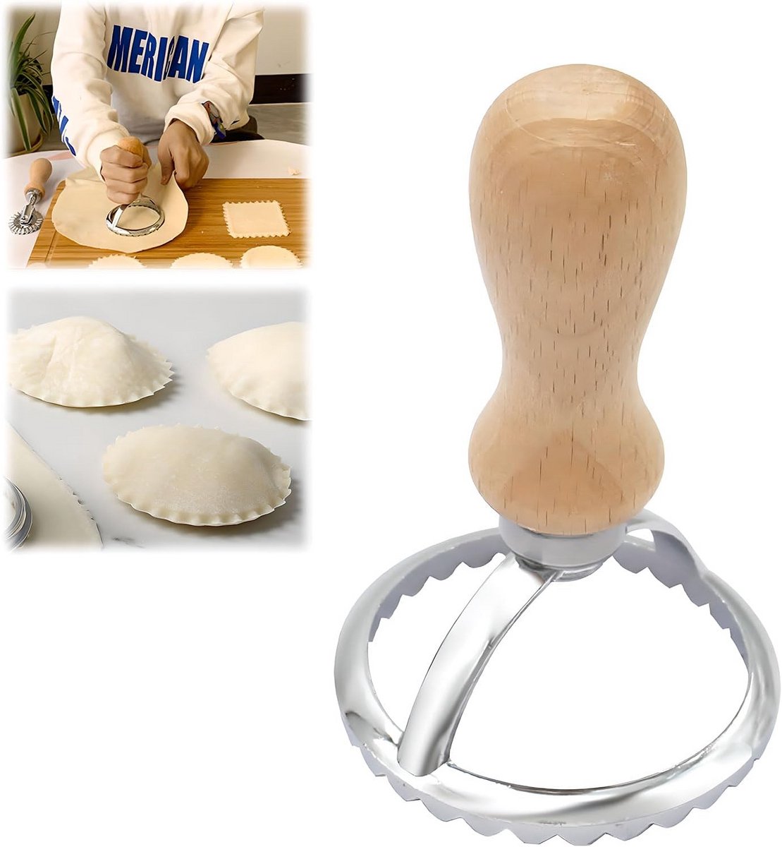 Deegroller Wiel Pastaroller Ravioli Snijder met Houten Handvat voor Taart en Pasta