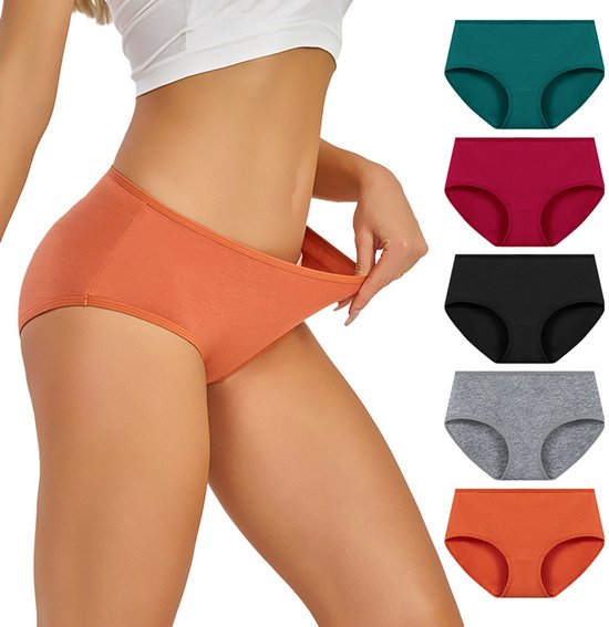 Lot de 5 culottes pour femmes, taille moyenne à basse, tissu doux et cotonné, coupe classique en triangle, adapté pour un usage quotidien. Zwart + Grijs + Legergroen + Karamel + Wijnrood-L