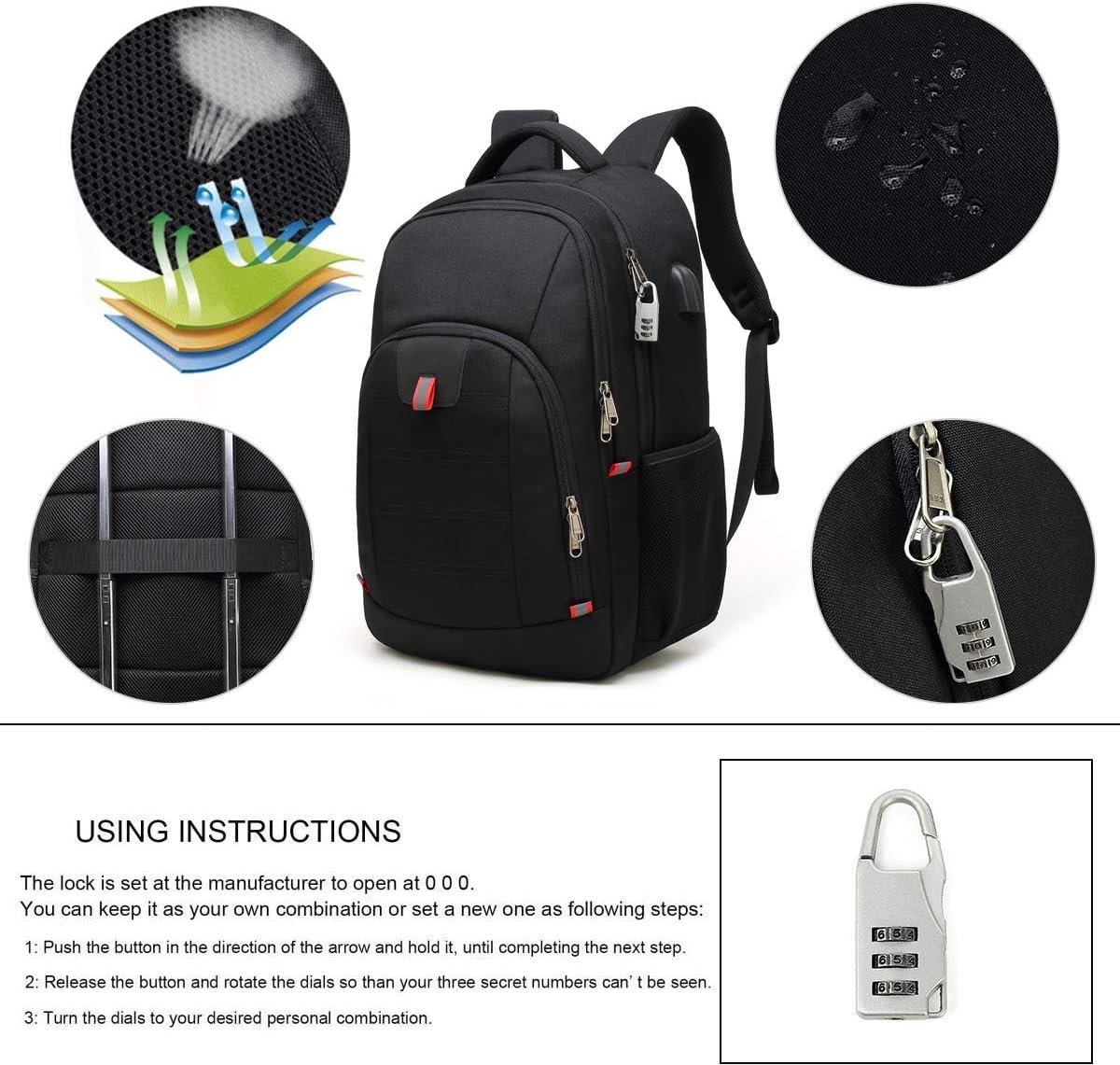 Lichtgewicht Laptoprugzak voor School en Reizen - Waterdichte Backpack met USB Oplaadpoort - 15.6 Inch Laptopvak Zwart – foto 6