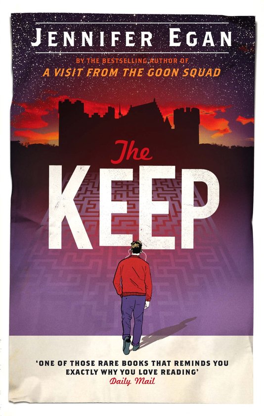 Boek 'The KEEP' van Jennifer Egan, met een labyrintpatroon en een man met koptelefoon.