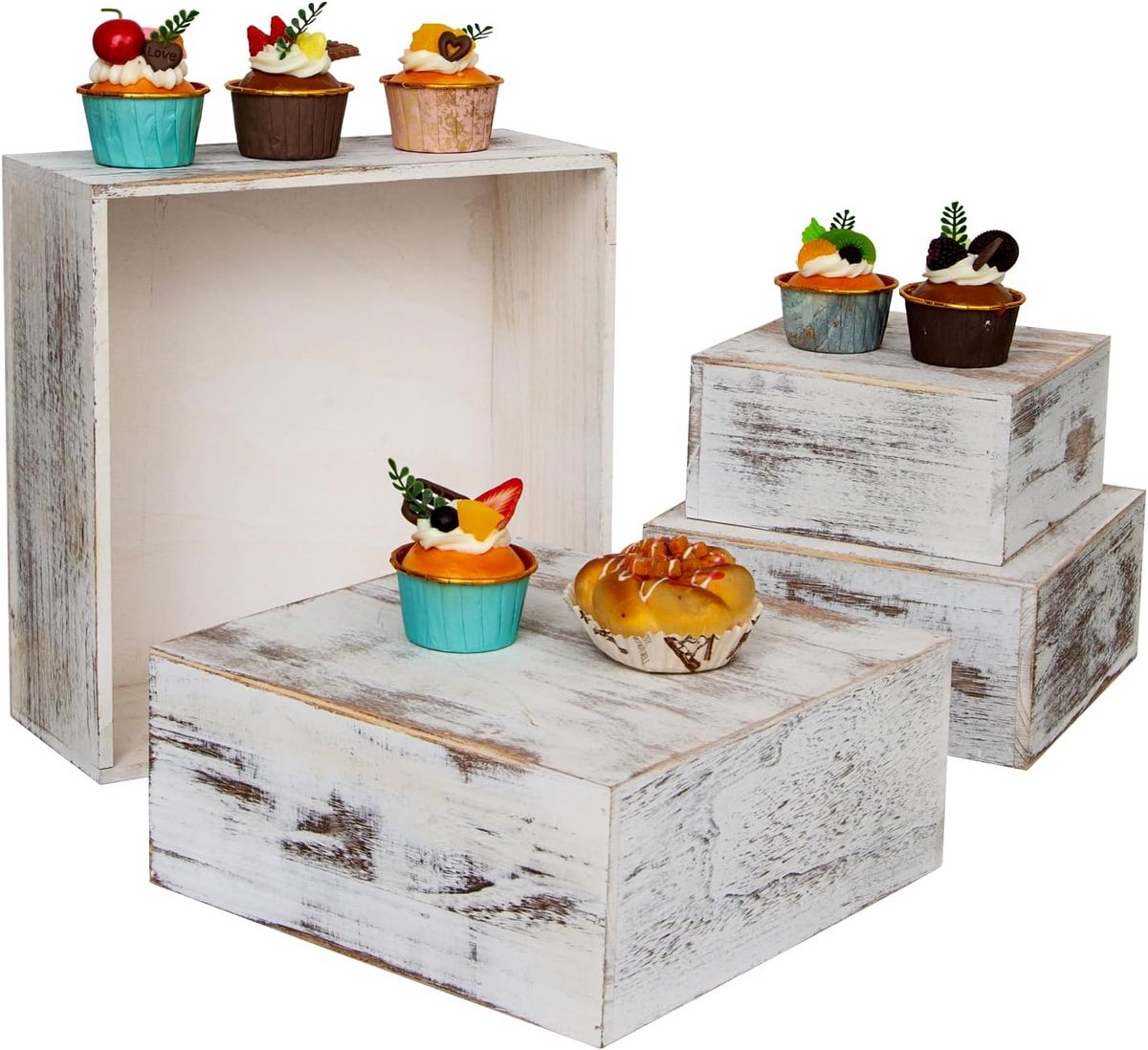 Set van 4 Vintage Houten Taart- en Cupcake-Standaards voor Presentatie
