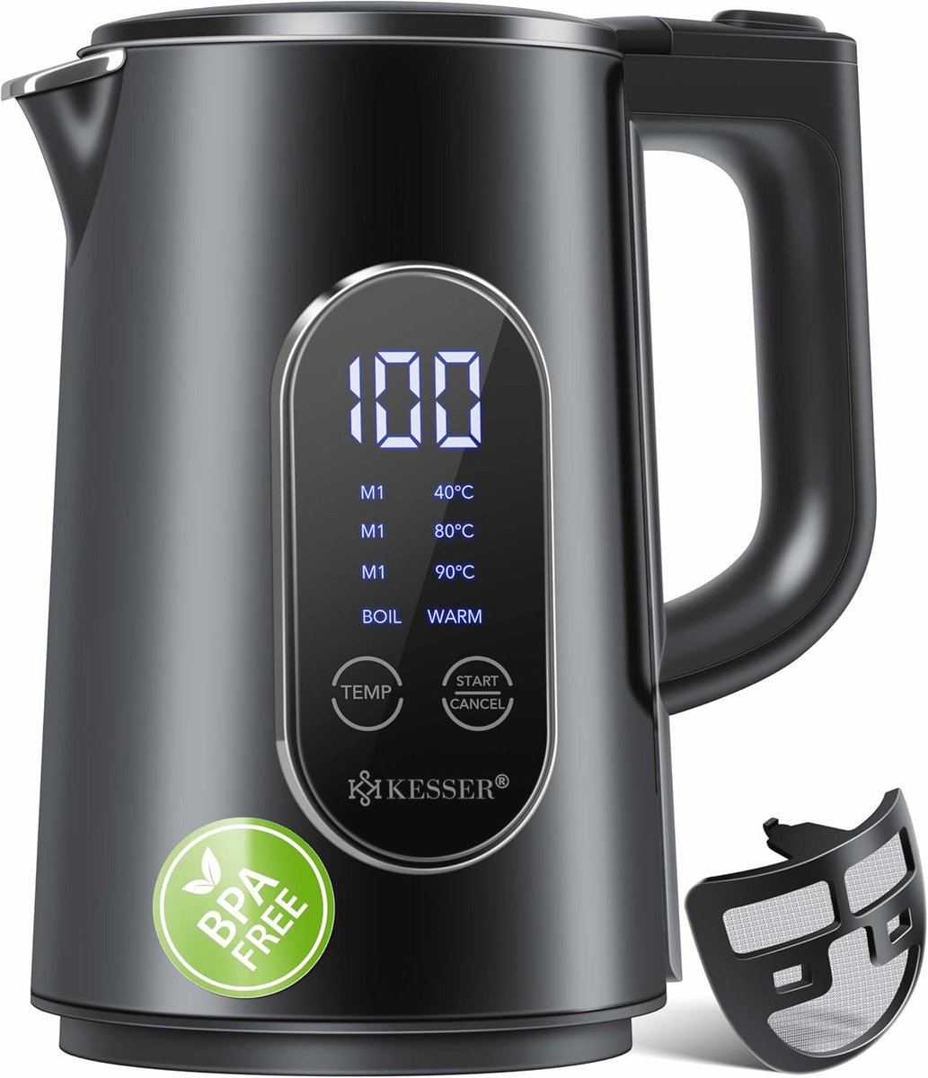 Waterkoker Roestvrij Staal 1,7 Liter met Temperatuurinstelling 40-100 °C, Led-display en Kalkfilter