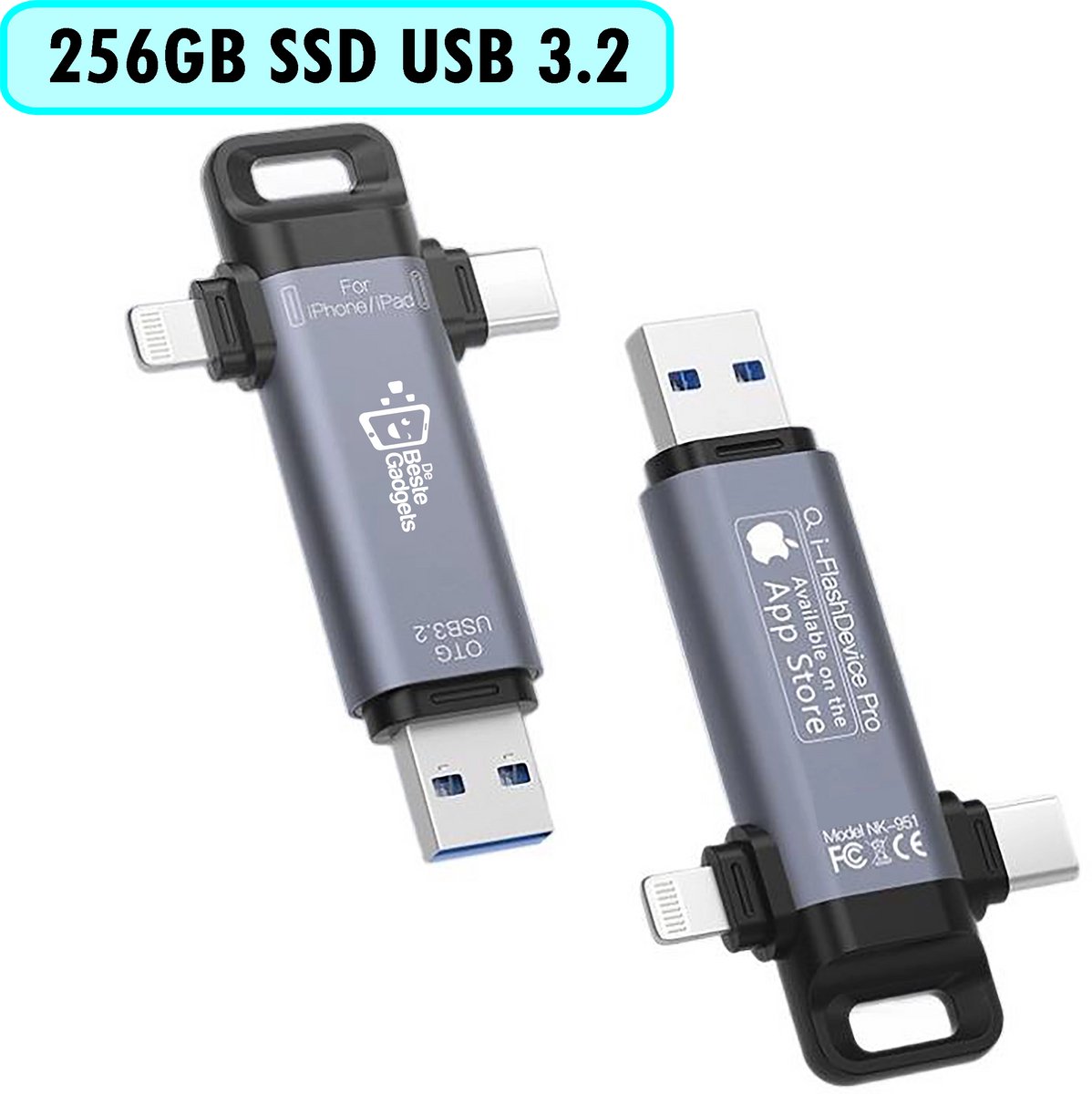 USB SSD Drive 256GB - USB-A/USB-C/Lightning - USB 3.2 - Geschikt voor iPhone/iPad, Android, Windows PC/Laptop