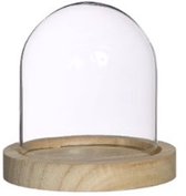 Glazen bel met houten sokkel, koepeldecoratie van glas, transparante