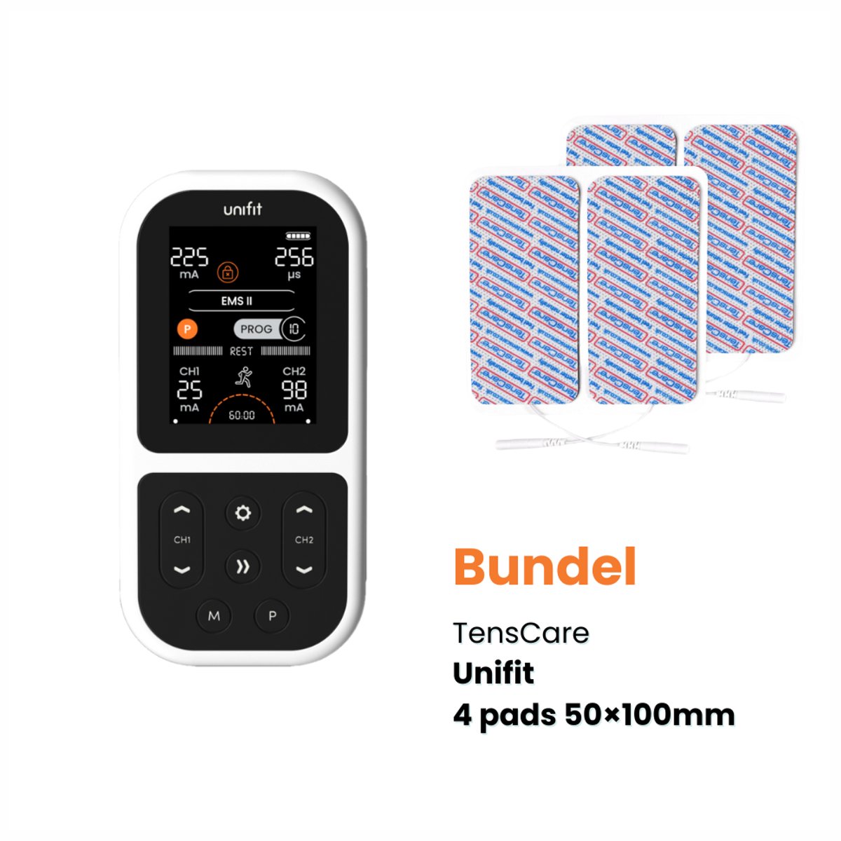 TensCare – Unifit bundel inclusief Extra Grote Elektroden (100x50mm) - Dubbelkanaals TENS Apparaat en EMS Spierstimulator – 12 TENS programma's - Pijnverlichting - Elektrodentherapie - Spierstimulator - Pijntherapie