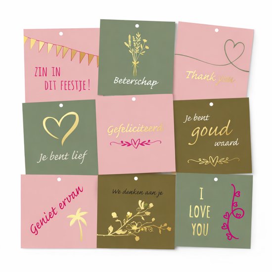 44x Cadeaukaartjes (GOLDY Serie) – "Voor elk moment" – 22 Designs – 7×7 cm – Cadeaulabels / Mini Wenskaartjes – Poeder Roze / Olijf Groen - Met Boorgaatje – Voor Cadeaus & Verpakkingen