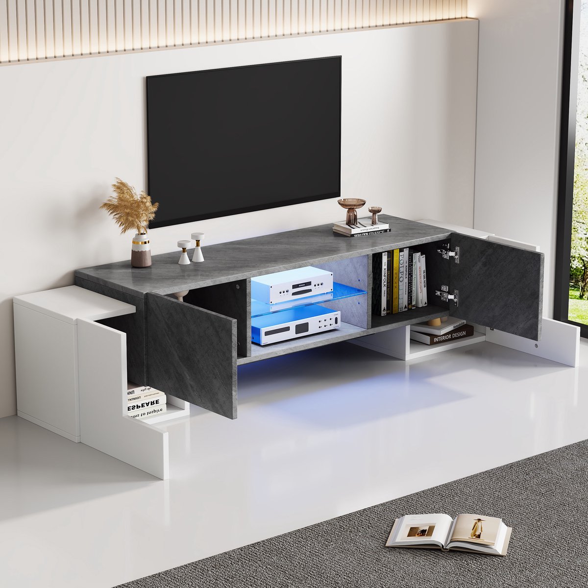 STILVORA TV-Meubel - Modern Lowboard Met Gehard Glazen Scheidingspaneel En LED Met Bluetooth - 4 Deuren Met L-Deuren - MDF - 180x40x46.5 Cm - Wit+Grijs