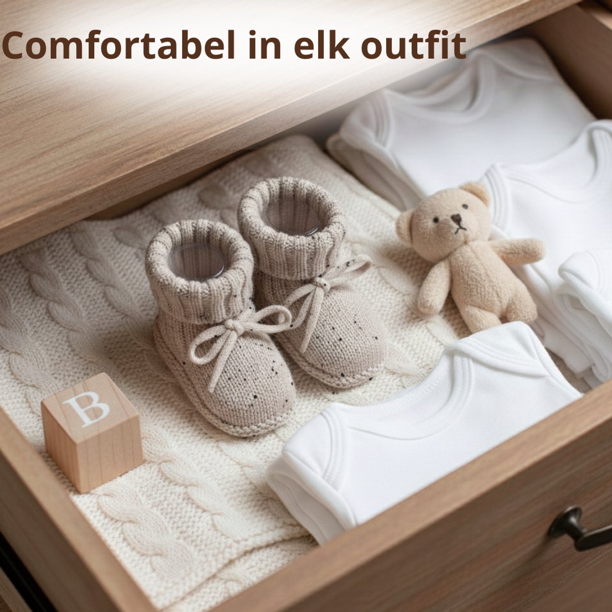 Babyslofjes – Handgemaakt – Beige met zwarte stippen – Zachte en warme babyslofjes