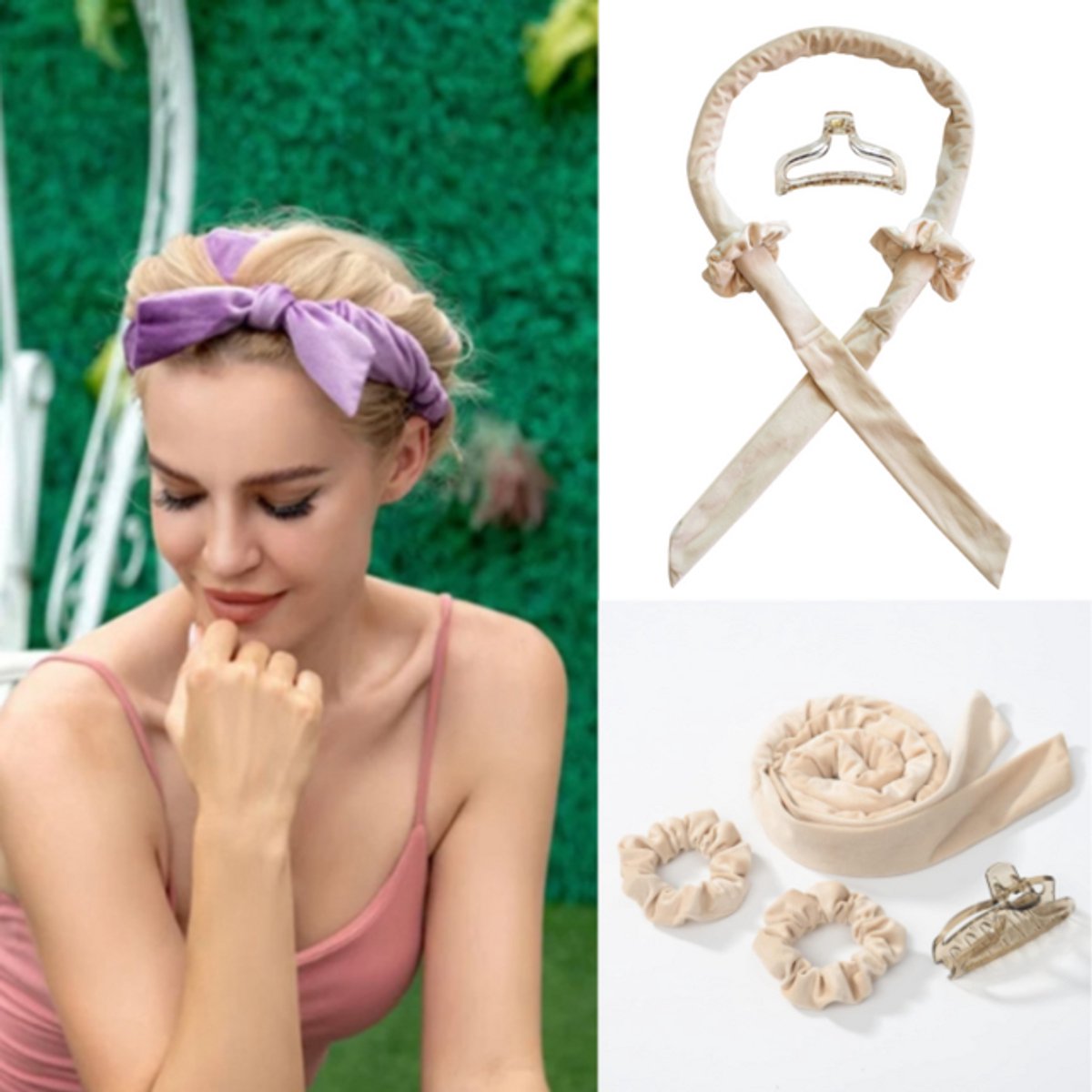 4-delige hittevrije krulset - Heatless Curls - Haarrollers - Krultang - Met haarelastiekjes en clips - Flanel - Beige