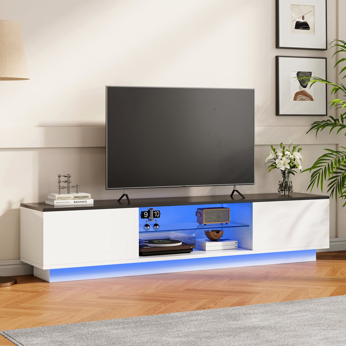 Modern tv-meubel met ledverlichting en ruime opbergruimte, woonkamermeubel in zwart-wit, 140 cm breed, geschikt voor tv's van 32-60 inch