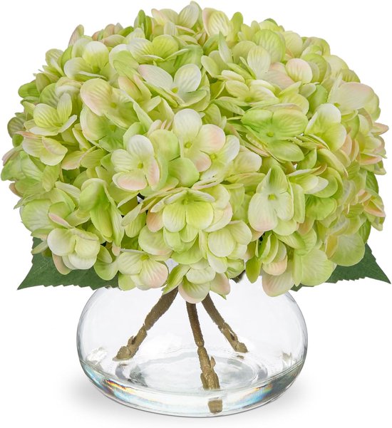 Daity 4-delig - boeket kunstmatige hortensia's - groen zijden kunstbloemen - perfect voor gebruik in de badkamer - op tafel - op een plank of als woondecoratie (vaas niet inbegrepen)