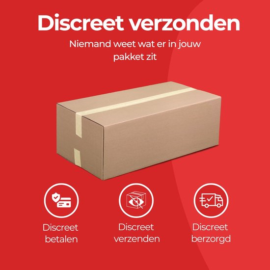 Een bruine kartonnen doos met tape, toont iconen voor discrete betaling, verzending en bezorging.