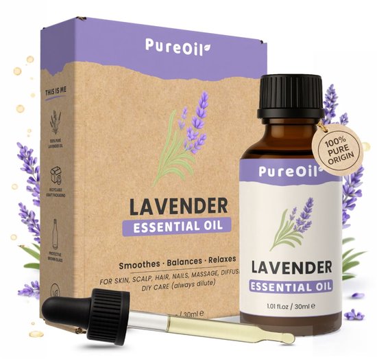 PureOil – Lavendel Etherische Olie – 30ml – 100% Puur, Natuurlijk & Vegan – Lavendelolie Voor Huid | Gezicht | Scalp | Diffuser | Aromatherapie - Incl. Ebook