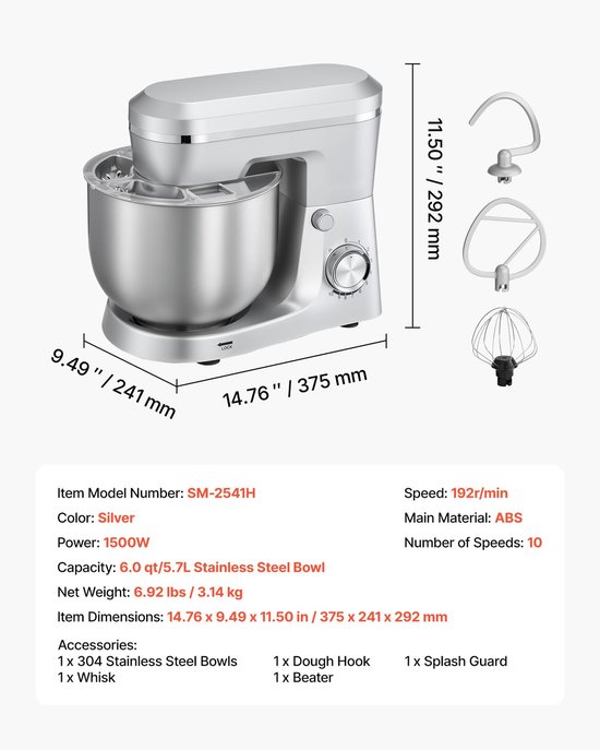 Keukenmachine - Staande Mixer - Krachtige 1500W Motor - Roestvrijstalen Mengkom 5,7 L - 10 Snelheden - Kantelbare Kop - Inclusief Deeghaak, Klopper en Garde — afbeelding 3