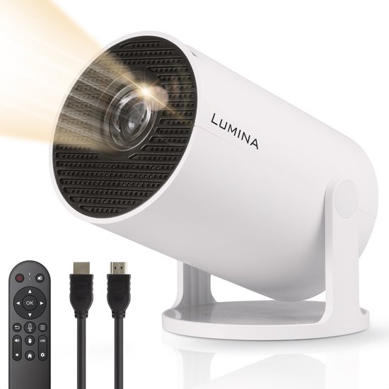 Lumina® Pro Mini Beamer 2026 – Android 14 Smart Projector met Google Playstore – Thuisbioscoop – Voor iOS & Android – WiFi 6 & Bluetooth 5.4 – Wit