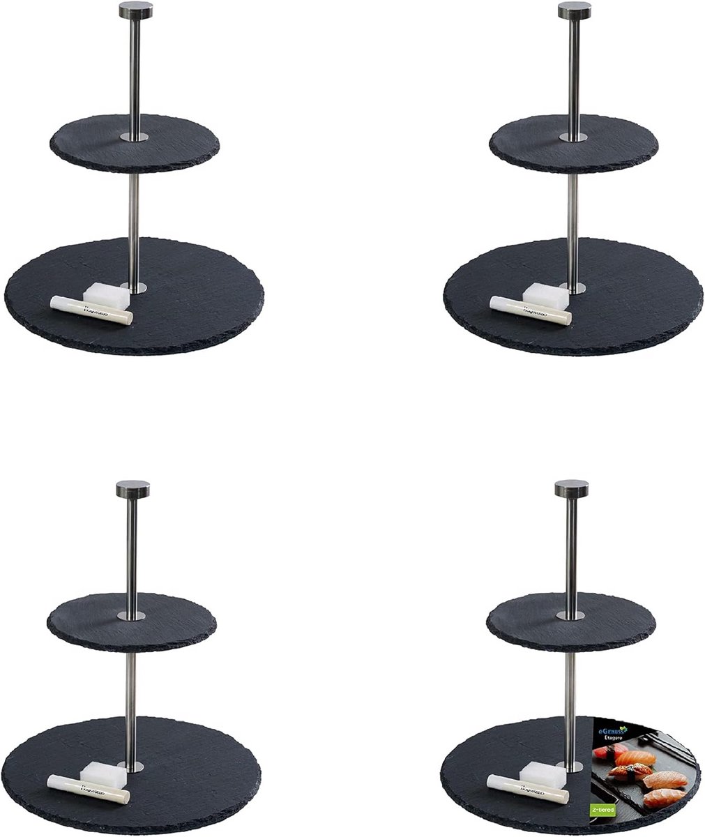 Set van 4 Ronde Etageres 2 Laags - Leisteen en RVS - Hittebestendig & Stabiel