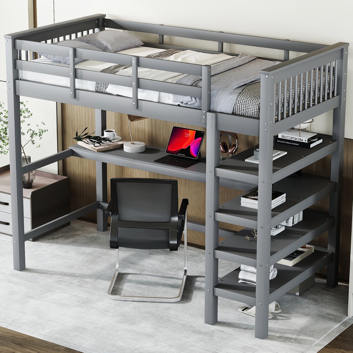 OKWISH Hoogslaper 90x200cm - Kinderhoogslaper Met Bureau, Opbergrekken En Ladder - Geschikt Voor Kinderkamer - Vurenhout; MDF - Grijs - Zonder matras