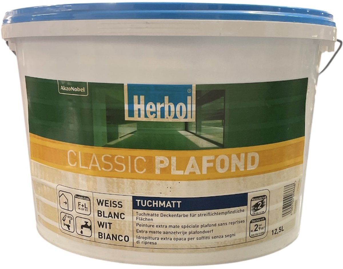 Herbol Classic Plafond - Extra matte aanzetvrije plafondverf voor binnen op waterbasis - 12.50 L - Wit