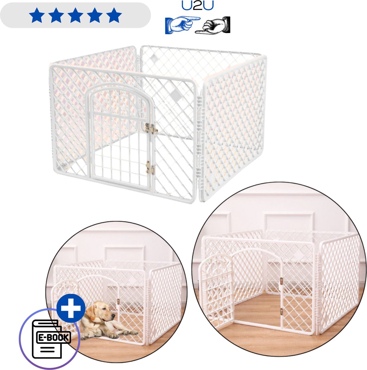 Hondenbench inklapbaar 90x60x60 cm wit, veilige hondenkooi met deur en dubbele vergrendeling, lichtgewicht ABS bench voor hond en kat, ventilatie rondom, afgeronde hoeken en snel opvouwbaar voor thuis tuin of reizen Met Ebook