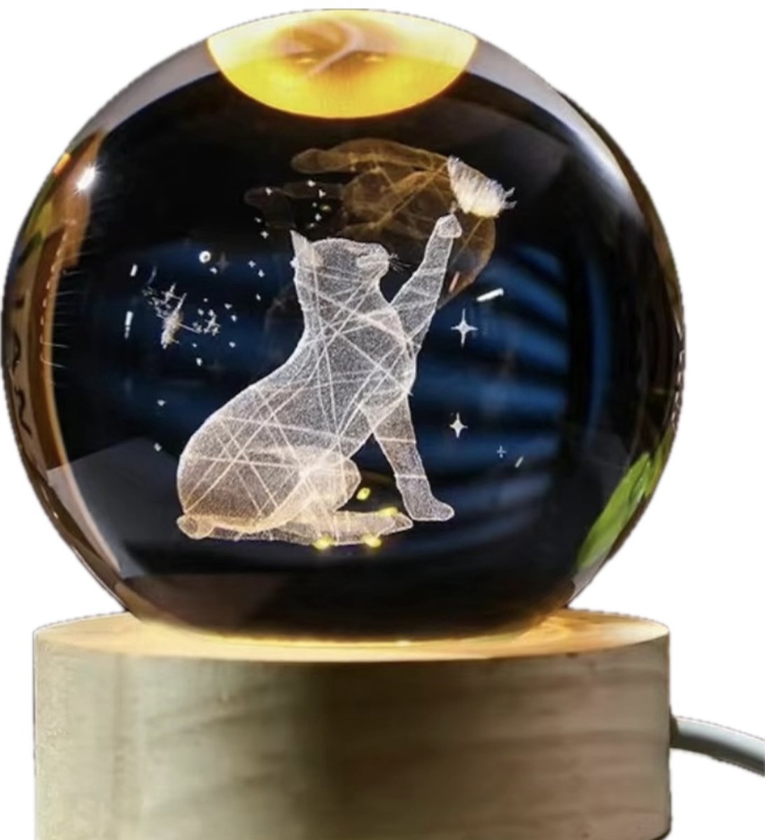 DMG Supply 3D Kristallen Bol Lamp - Kat - USB Oplaadbaar - LED Lamp - Nachtlamp - Tafellamp - Bureaulamp