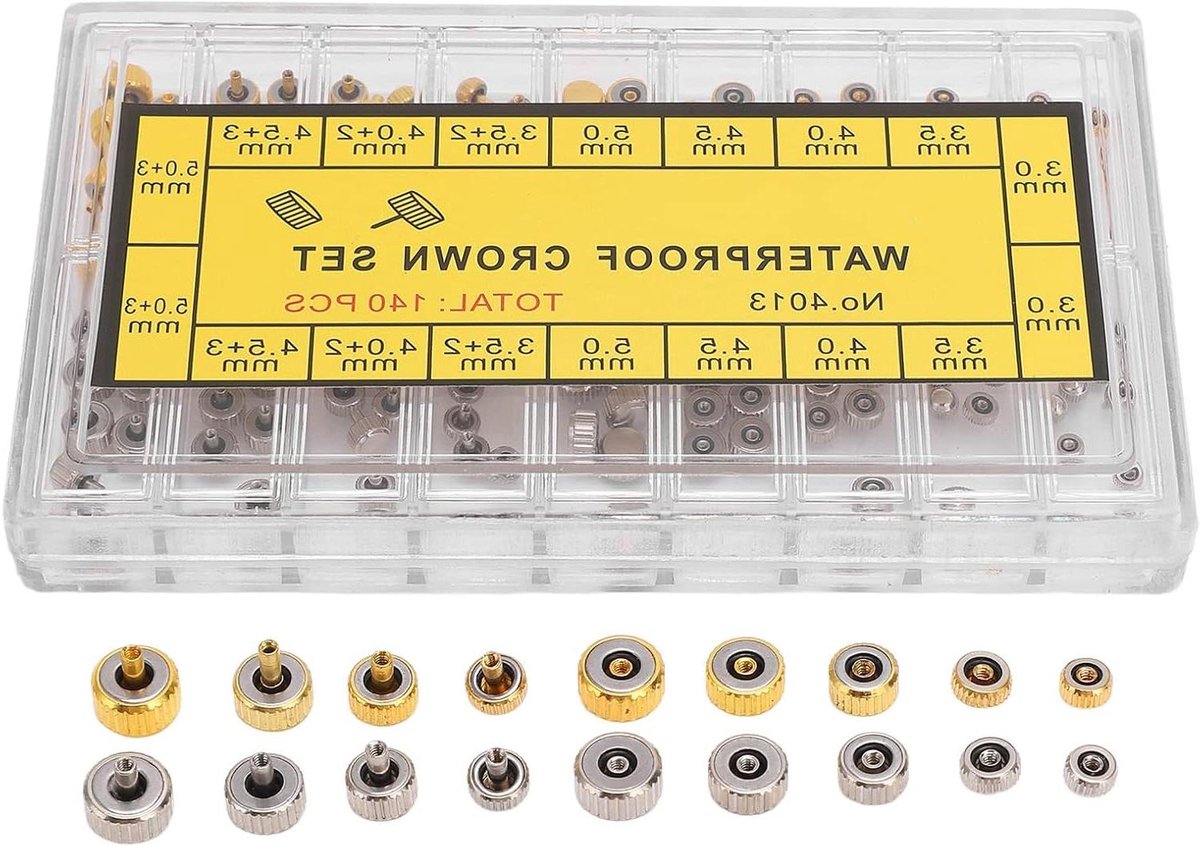 VirtuBuy- horlogekroon reserveonderdelen - reparatie - roestvrij staal - vervanging - 140 stuks - opbergdoos - drip rubberen handgreep - horloges - roestvrij staal model