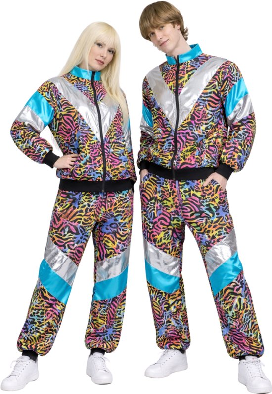Joya Party® Retro Trainingspak Volwassenen | Jaren 80 & 90 Stijl | Unisex Oversized | Voor Man en Vrouw Verkleedpak | Carnaval, Halloween & Verkleedfeest | Foute Party | Neon Panter & Zebra Print met Metallic | Maat M/L
