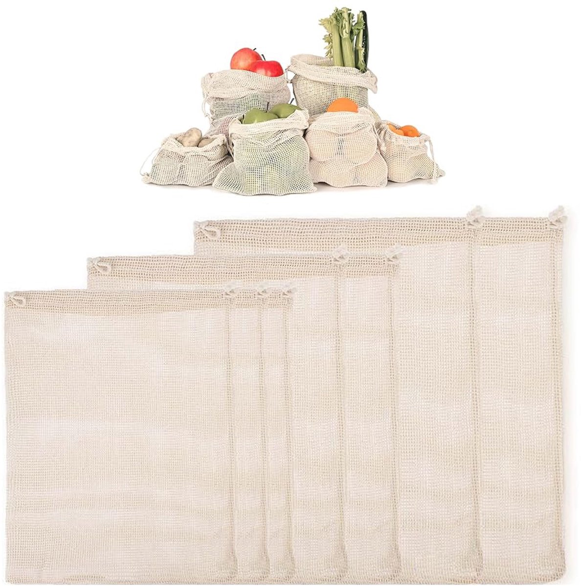 IMPERATORIS® Groente- en Fruitzakjes - Herbruikbare Verszakjes - Mesh Zakjes met Trekkoord - Wasbaar en Duurzaam - Milieuvriendelijk - Set van 7 - beige - 35 cm