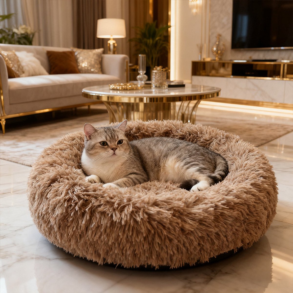 Donut Hondenmand - Kattenmand - Maat XL - 100cm (ligvlak van 80cm) - Kaki - Fluffy en Wasbaar