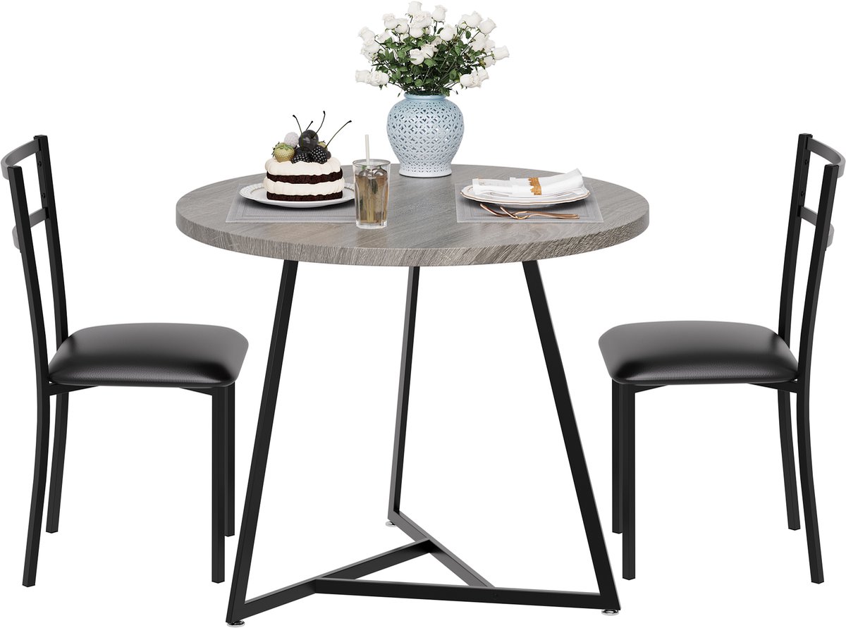 3‑delige eettafelset voor 2 personen - ronde eethoek met beklede stoelen - 80 x 80 x 75cm -Grijs