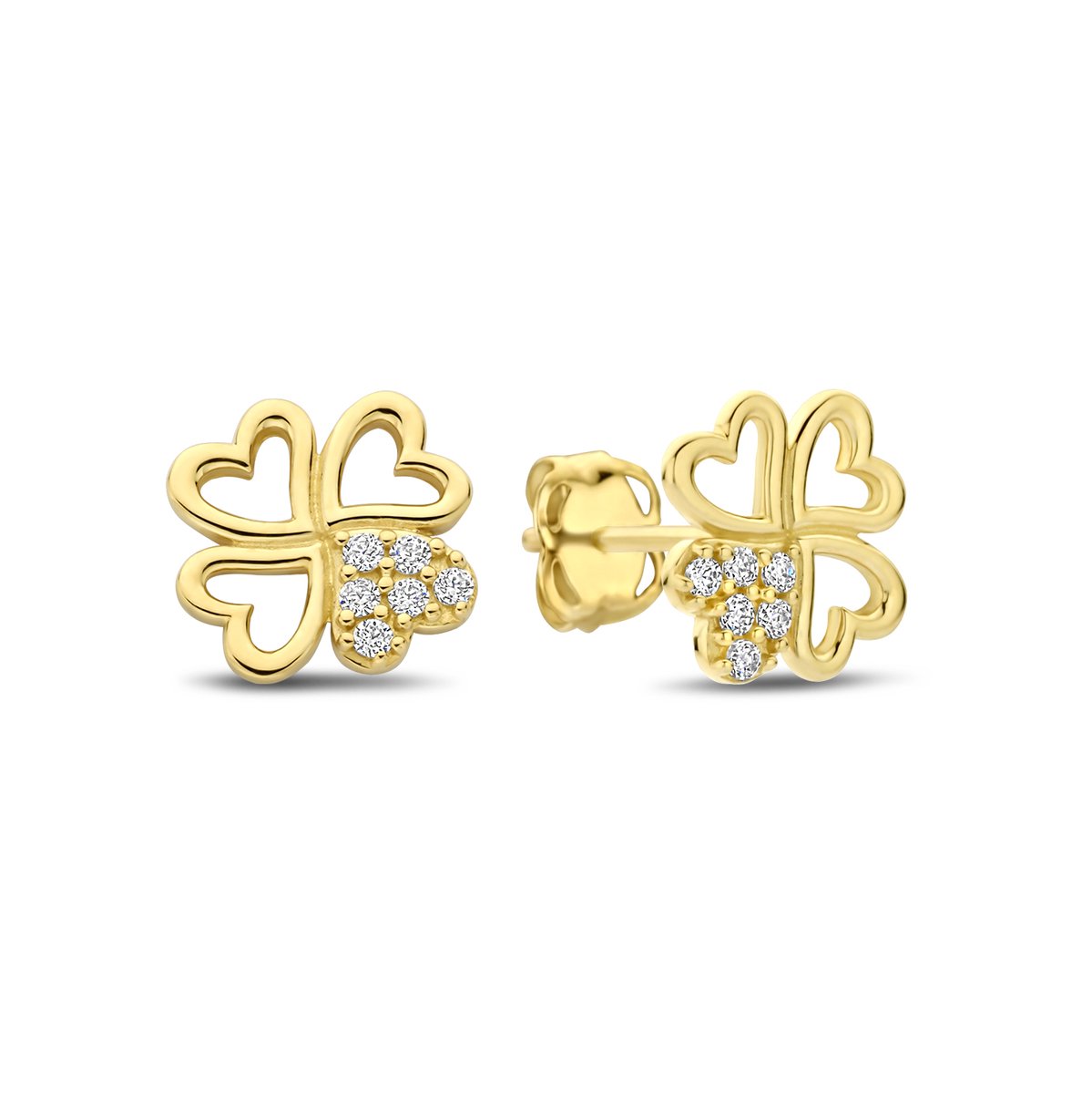 New Bling - 9NBG-0863 - 14K geelgouden Oorknoppen – 4 Harten waarvan 1 met Zirkonia – Dames Oorbellen