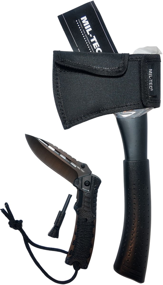 Mil-Tec professionele Bijl + Zakmes One hand knive paracord met fire starter en fluitje - Survival - Outdoor - Camping