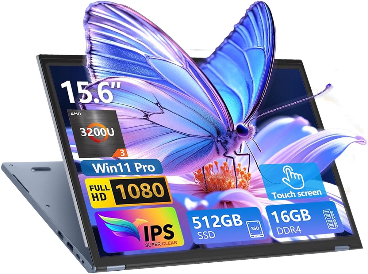 Ninkear 15.6" FHD IPS Touchscreen Laptop – 360° Flip 2-in-1 Convertible – AMD Ryzen 3 3200U – 16GB RAM – 512GB SSD – Windows 11 Pro – Dual-Band WiFi – Zilver