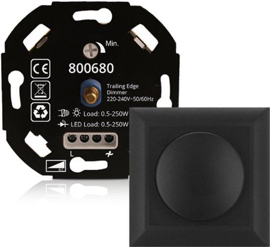 LED DIMMER - 0.5 tot 250W - Universele LED Dimmer Inclusief Afdekplaat Zwart - Led Dimmer Inbouw - Dimmer Schakelaar - Dimmer afdekraam