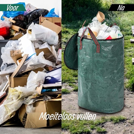 2 stuks - Opbergzak - Herbruikbare vuilniszak - Met deksel - Extra dik en duurzaam - Met handvatten - Geschikt voor het opruimen van buitenafval, gevallen bladeren, gemaaid gras, enz. - 72 gallon - Groen — afbeelding 5