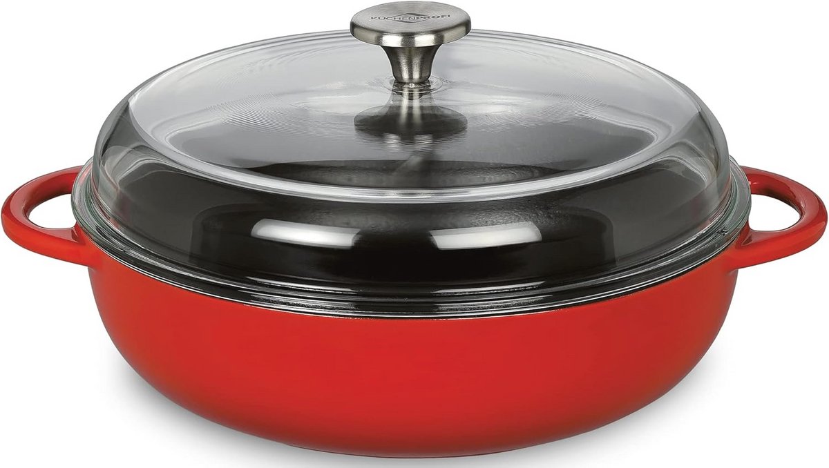 Gietijzeren pan rond 28 cm met glazen deksel - Geschikt voor alle warmtebronnen