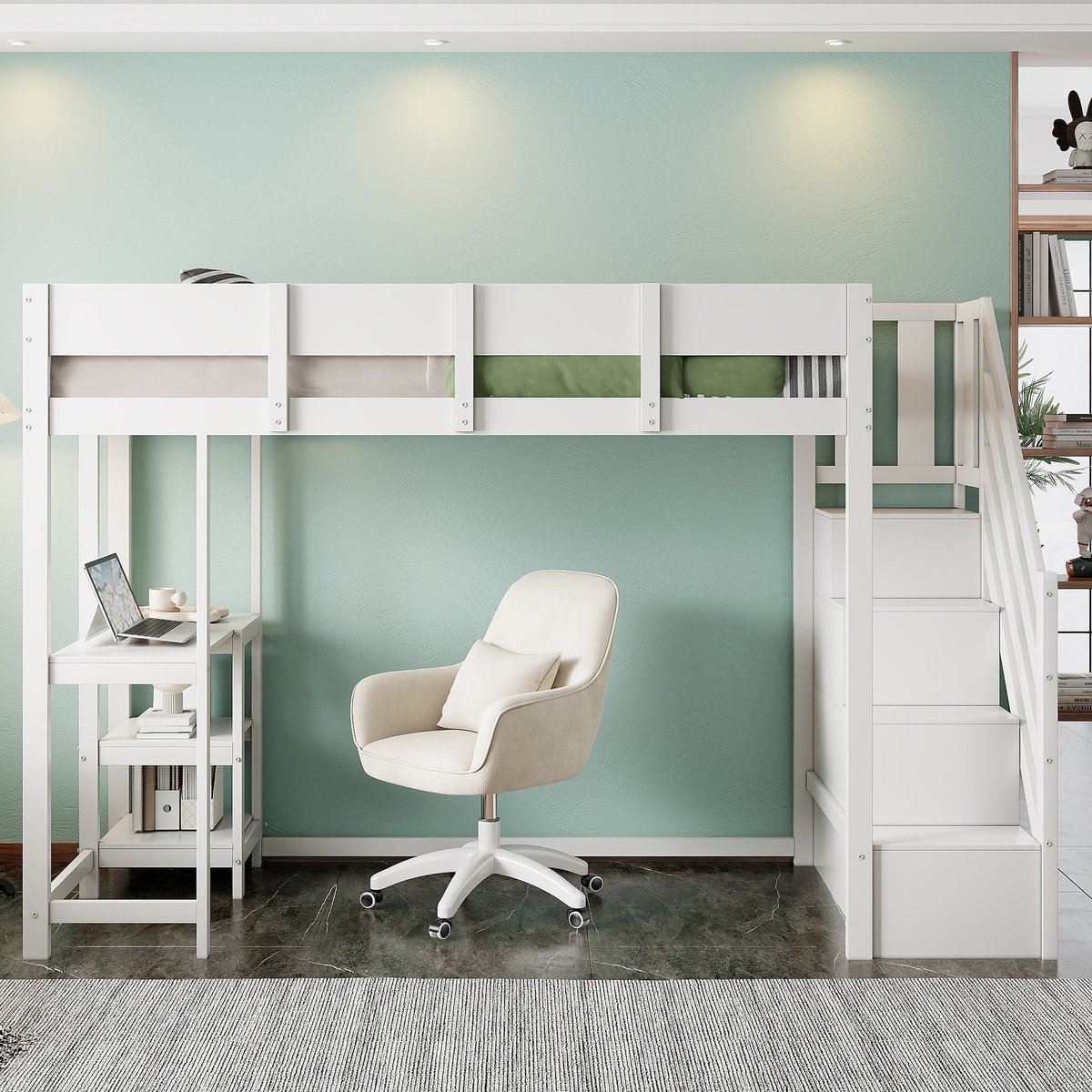 MODFU Ledikant 90x200 cm massief grenenhout, wit, met opbergrek, veiligheidshek en lattenbodem voor kinderen