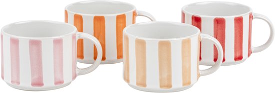 Set van vier gestreepte koffiekopjes in roze, oranje en bruine tinten.
