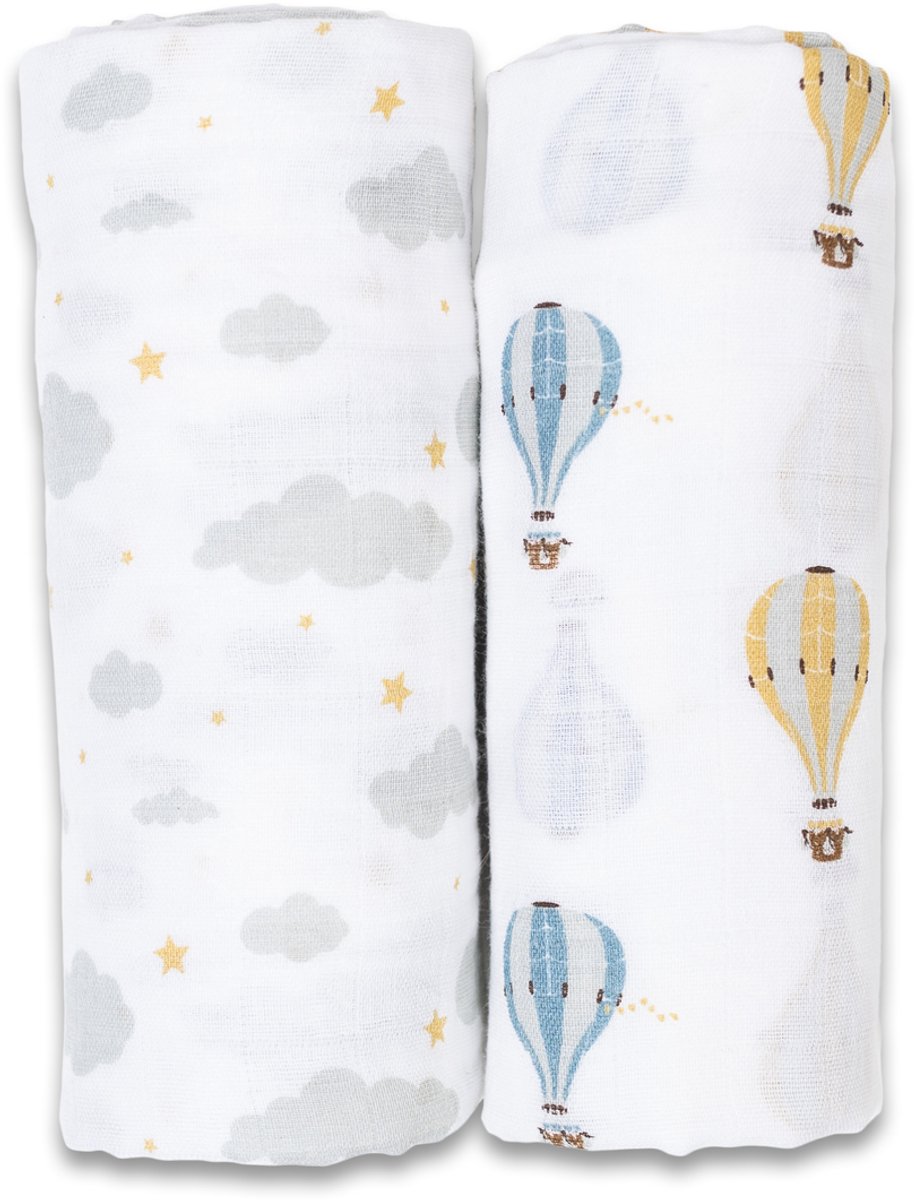 Lulujo - Hydrofiele Doek - Swaddle - Katoen - 100x100 cm - 2-pack - Hot Air Balloon - Kraamcadeaus - Babydekens - Babycadeaus - Tetradoeken - Zwangerschapscadeau