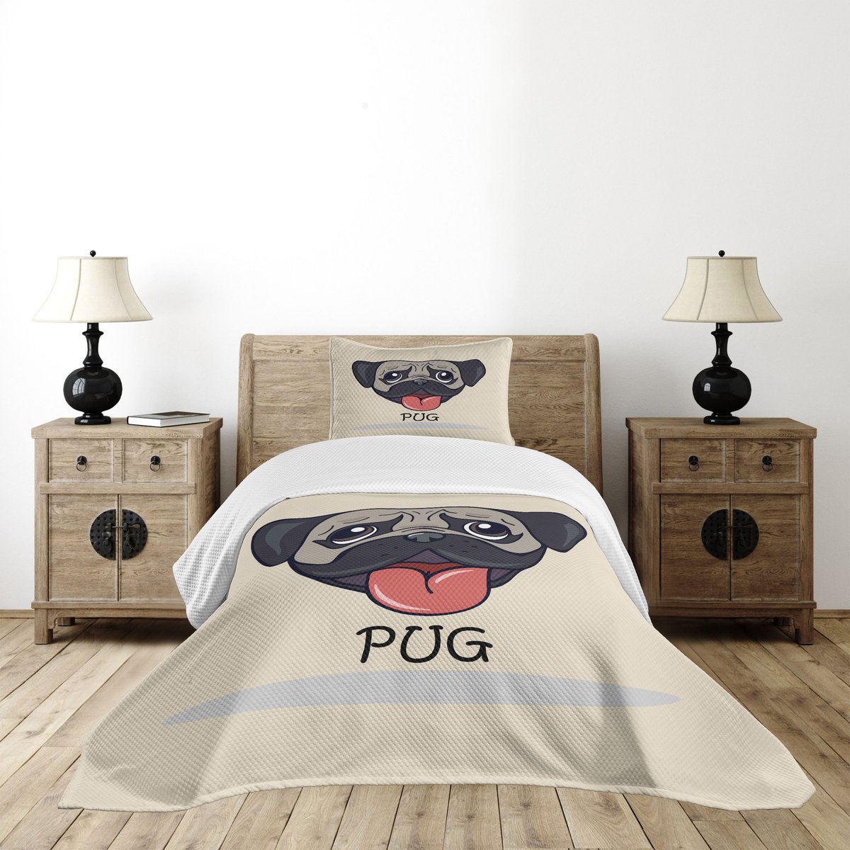 ABAKUHAUS Mops Dekenset – 2-delig, 170x220 cm, Taupe/Zwart/Rood