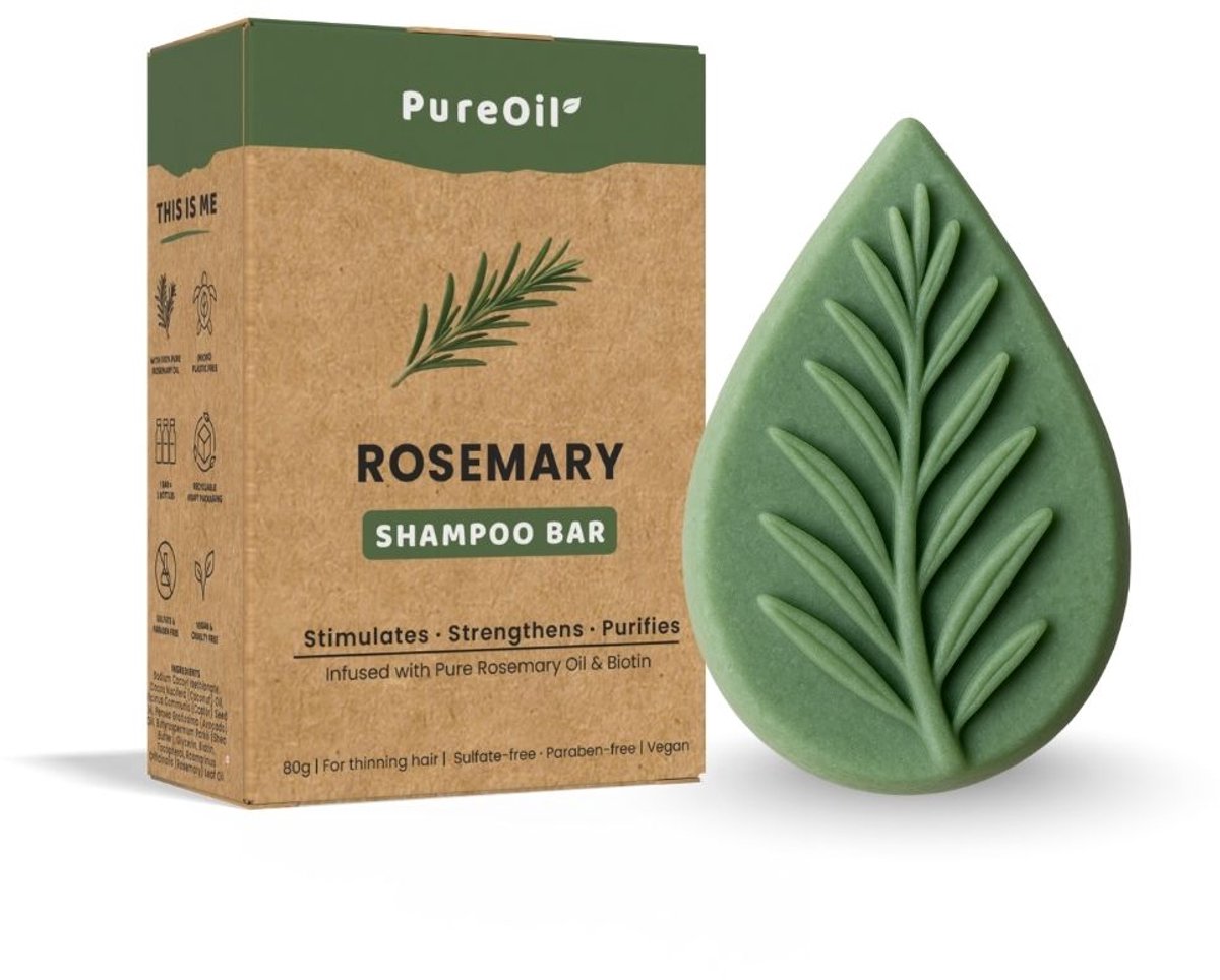 PureOil Rozemarijn Shampoo Bar - 80g - Met 100% Rosemary Oil - Vegan, Sulfaat en Parabeen Vrij - Incl. Ebook