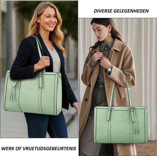 Lichtgroene laptoptas met franjes, gedragen door twee modellen, één in een zakelijke outfit, de ander in een casual outfit.