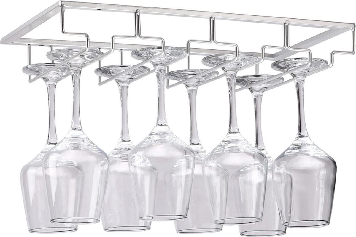 VIN® Ophangrek Wijnglazen - Wijnglazenhouder – Metalen Wijnglazenrek - Glazenrek Met 4 Rijen - Wijnglashouder – Organizer - Stijlvol – Bar, Keuken & Cafe - Hangend – Zilver