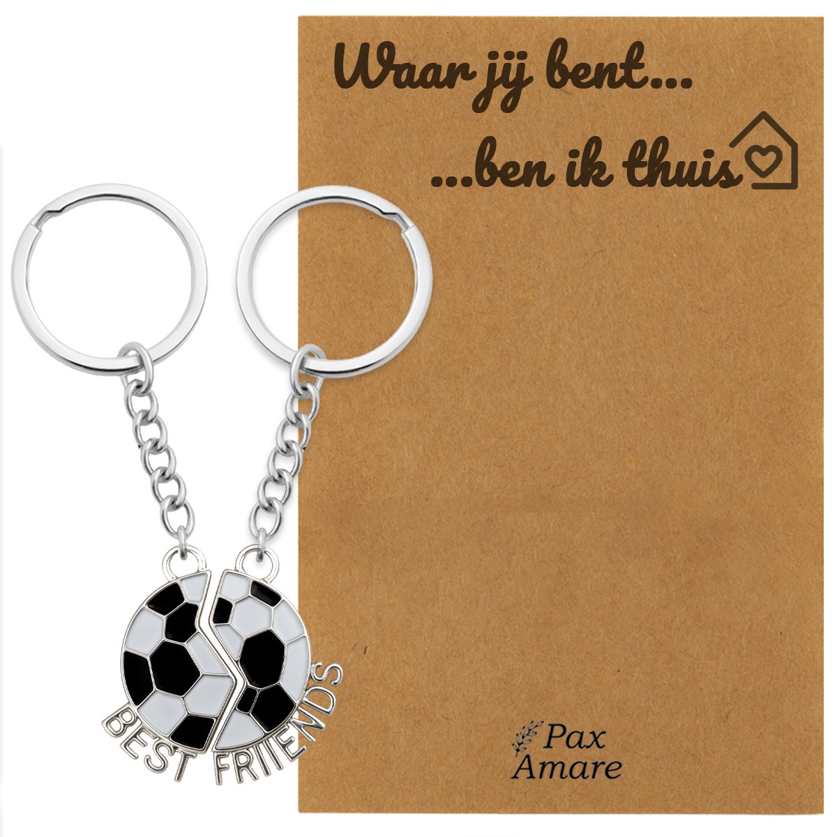 Koppel Sleutelhanger voor 2 'Waar jij bent, ben ik thuis' - Magnetische Voetbal - Sleutelhanger set op Cadeau Kaartje - Zilverkleurig - Persoonlijke Hanger - Pax Amare