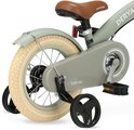 Roue arrière du vélo d'enfant vert Deryan avec roulettes et selle marron.