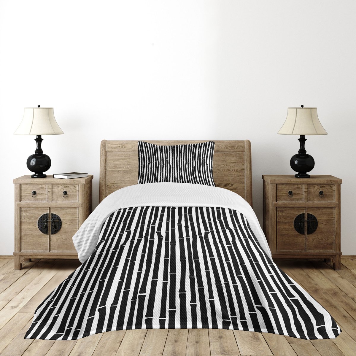 Bamboe bedsprei-set – 170x220 cm, 75x50 cm – Wit/Zwart