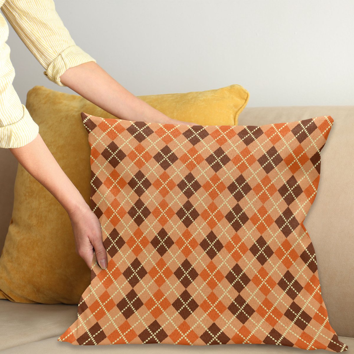 ABAKUHAUS Decoratieve Kussenhoes 40x40 cm – Diamant-Check, dubbelzijdig, roodbruin oranje