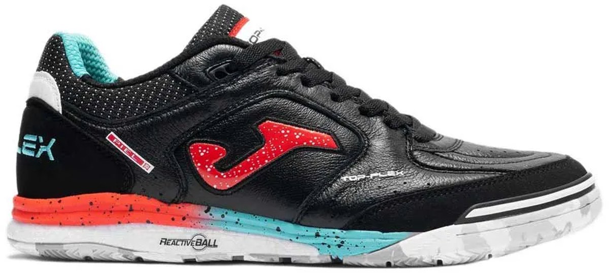 Zwarte JOMA Top Flex Rebound zaalschoenen voor mannen, met kleurrijke details en een sportieve uitstraling. EU 43.
